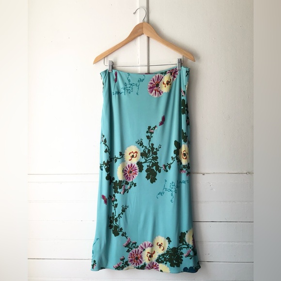 Vtg Emanuel Ungaro Floral Flower Butterfly Print Turquoise Viscose Midi Skirt 46 - Picture 11 of 17
